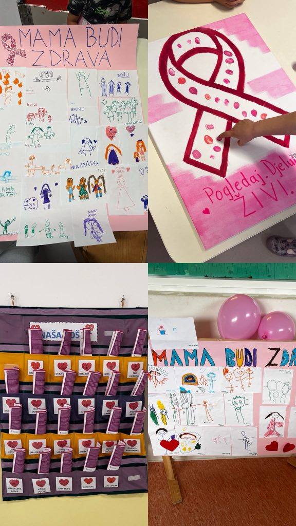 Plakati „Mama, budi zdrava” s dječjim crtežima mama, ružičasta vrpca i personalizirani letci u vrtiću Naša radost